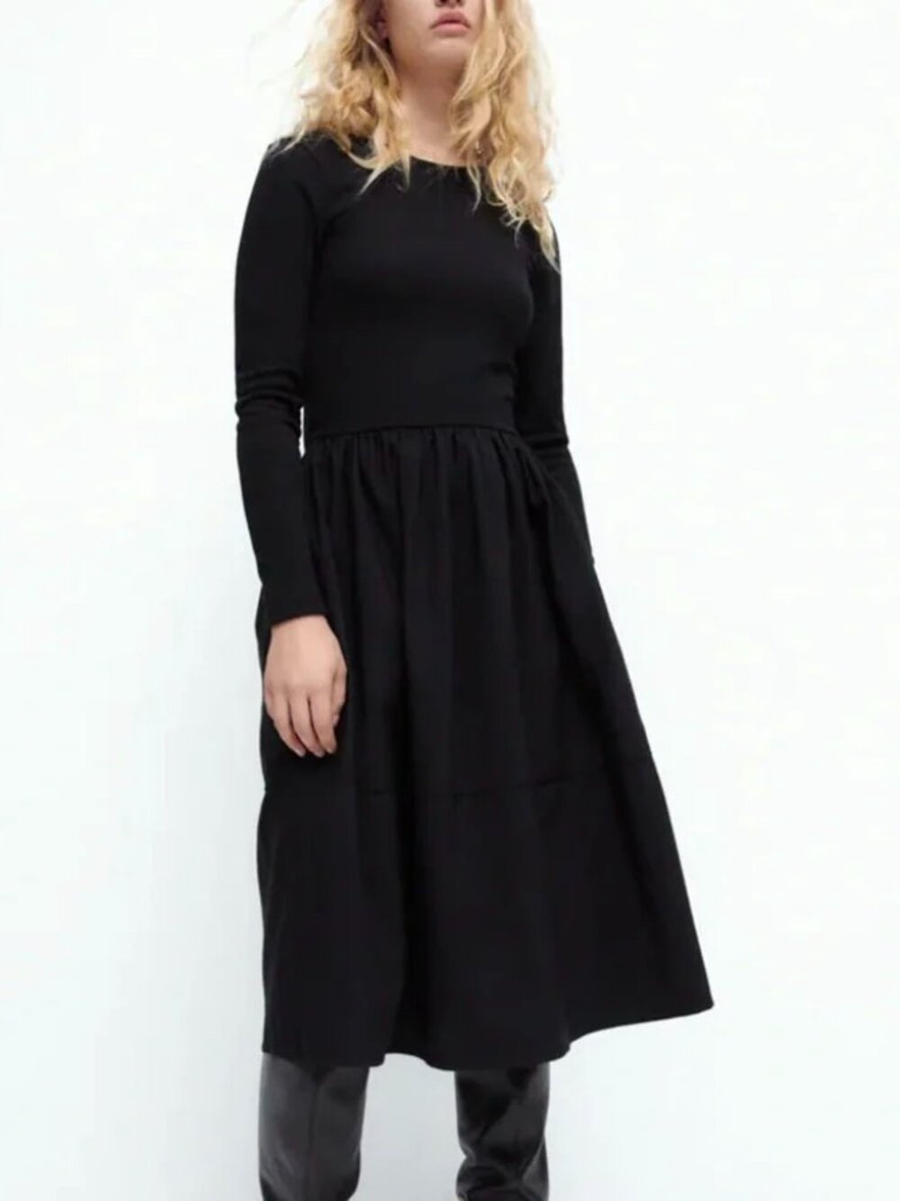 Zara Black Long Sleeve Dress Fit Flare Minimalist Classic Sz M Midi